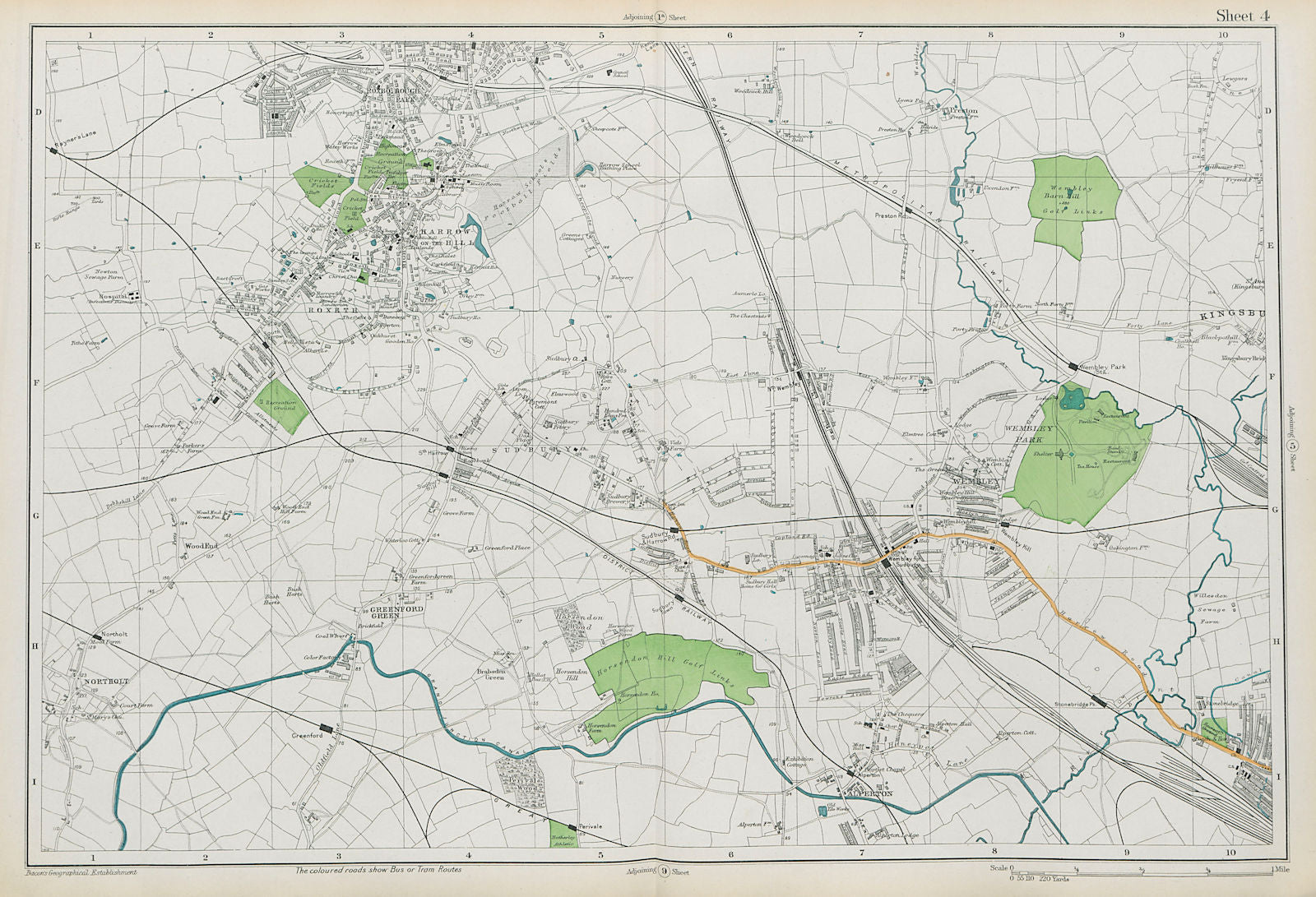HARROW WEMBLEY BRENT Sudbury Greenford Northolt Kenton Alperton. BACON  1913 map